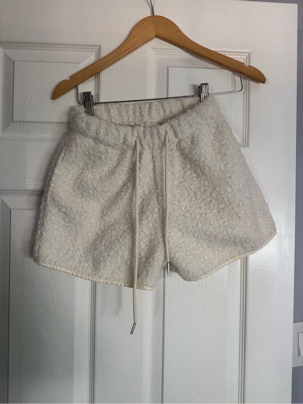 High-Waist Cream Bouclé Drawstring Shorts